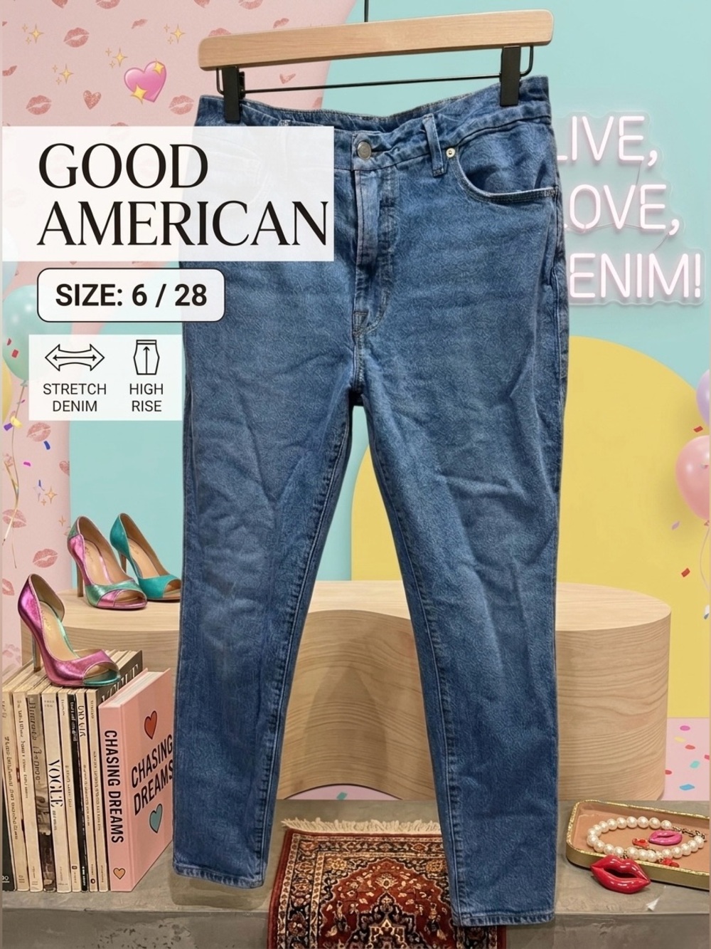 Good American Good Classic Straight High Rise Jeans Size 6/28 Medium Wash - Picture 1 of 9